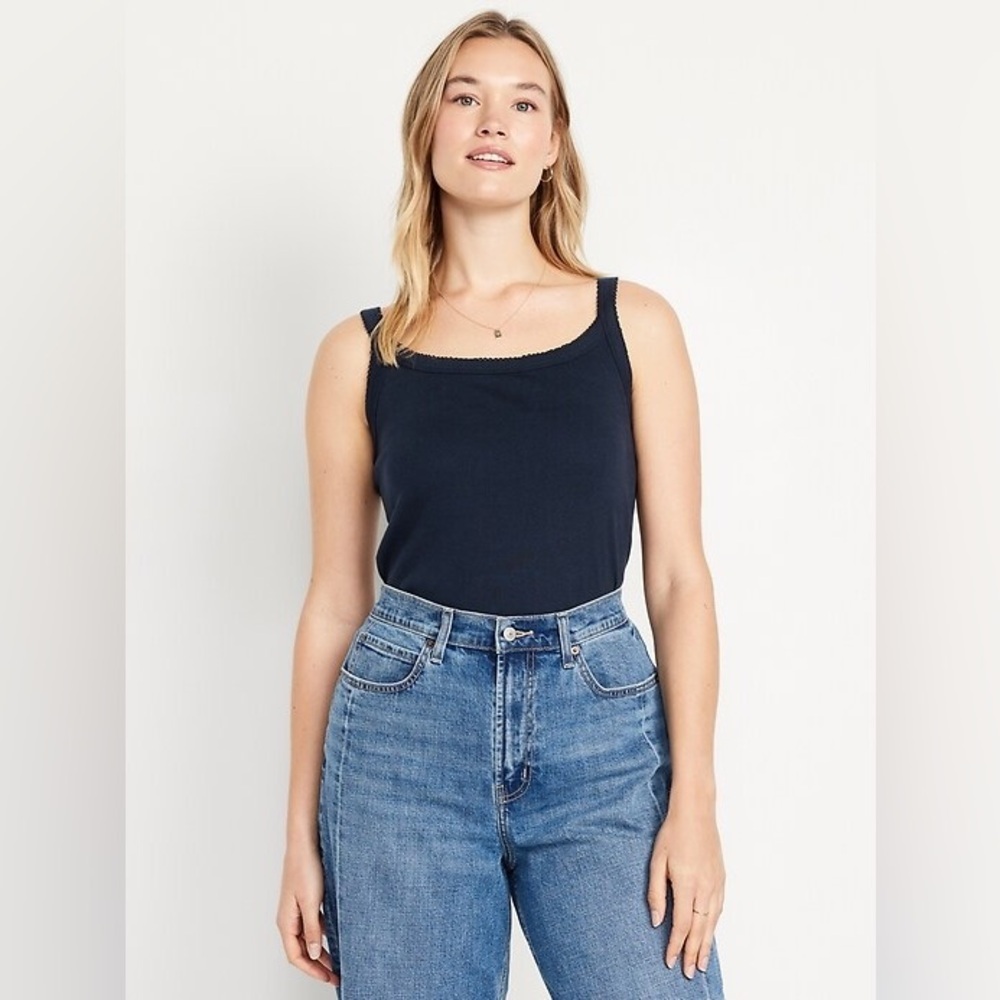 Old Navy 90s Ribbed Lace-Trim Tank Scoop Neck Wide Straps Navy Blue Women's M